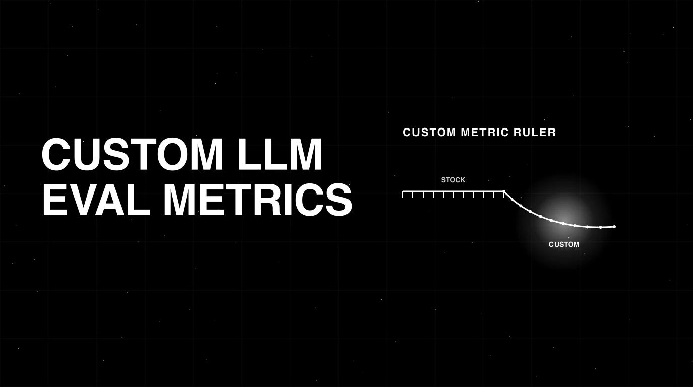 Editorial cover image on a pure black starfield background with faint white grid. Bold all-caps white headline CUSTOM LLM EVAL METRICS fills the left half. The right half shows a wireframe metric ruler bent to fit a custom domain shape, with a soft white halo glow on the bent custom segment, drawn in pure white outlines.