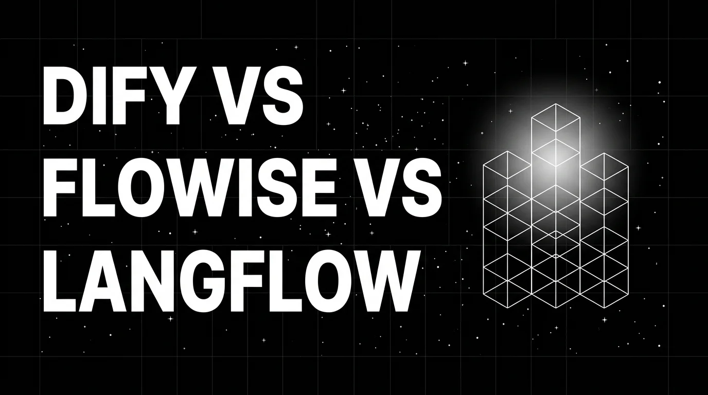 Editorial cover image on a pure black starfield background with faint white grid. Bold all-caps white headline DIFY VS FLOWISE VS LANGFLOW fills the left half. The right half shows three wireframe building-block towers side by side drawn in pure white outlines, with a soft white halo glow on the tallest tower.