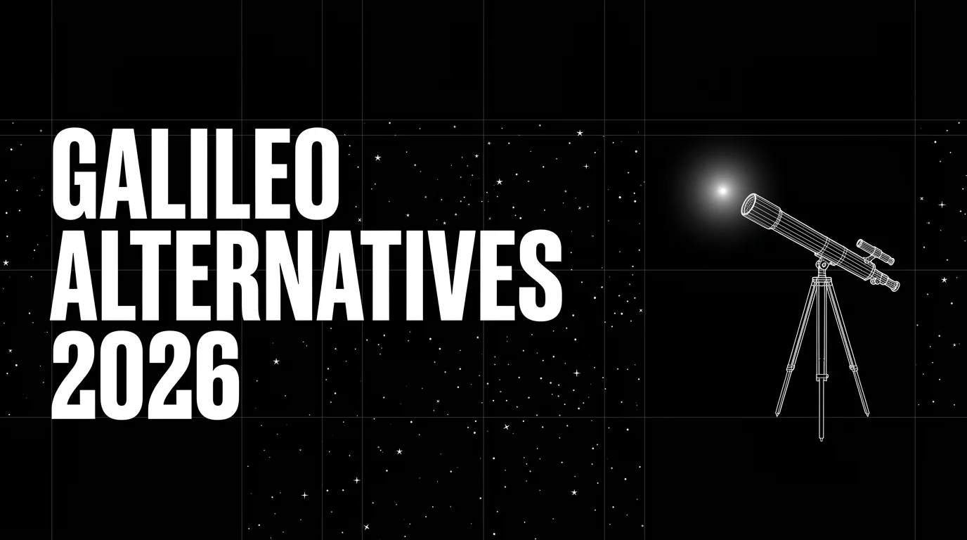 Editorial cover image on a pure black starfield background with faint white grid. Bold all-caps white headline GALILEO ALTERNATIVES 2026 fills the left half. The right half shows a wireframe telescope on a thin tripod stand pointed at a single bright glowing dot in the upper sky, drawn in pure white outlines with a soft white halo behind the focal star.