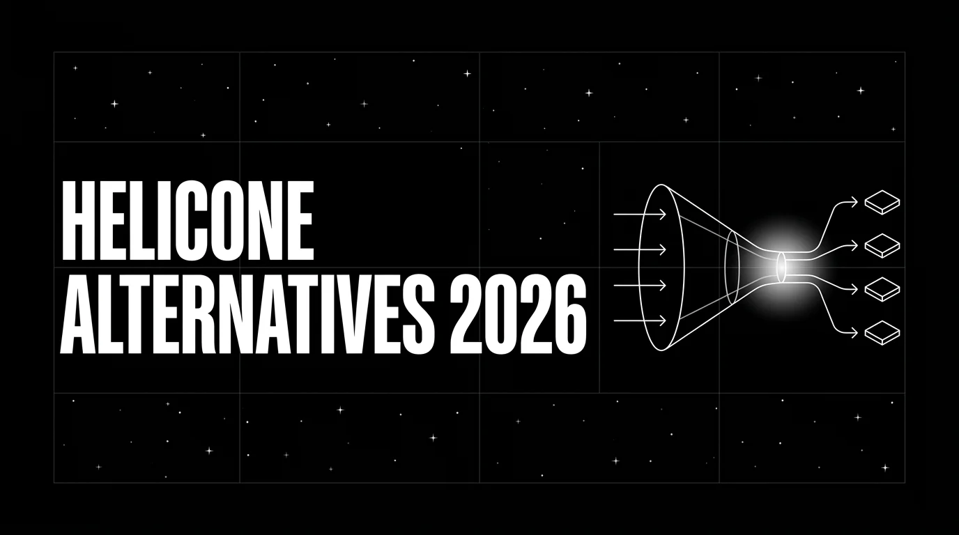 Editorial cover image on a pure black starfield background with faint white grid. Bold all-caps white headline HELICONE ALTERNATIVES 2026 fills the left half. The right half shows a wireframe gateway funnel narrowing into a constricted neck that branches into four output platforms, with a soft white halo behind the output, drawn in pure white outlines.