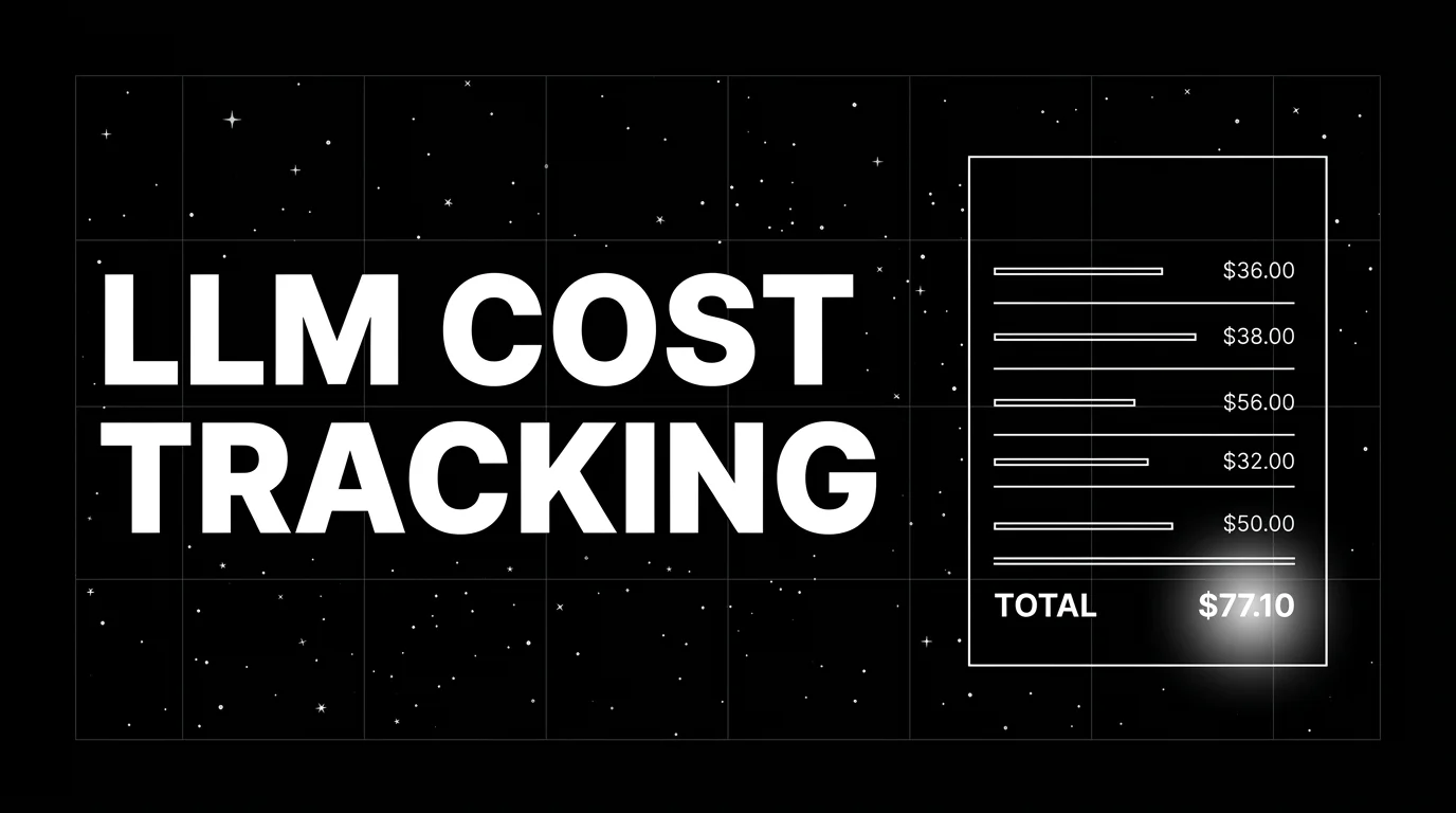 Editorial cover image on a pure black starfield background with faint white grid. Bold all-caps white headline LLM COST TRACKING fills the left half. The right half shows a wireframe vertical accounting ledger with five horizontal line items separated by a thicker rule from a TOTAL row at the bottom. The TOTAL row has a soft white halo glow as the focal element.