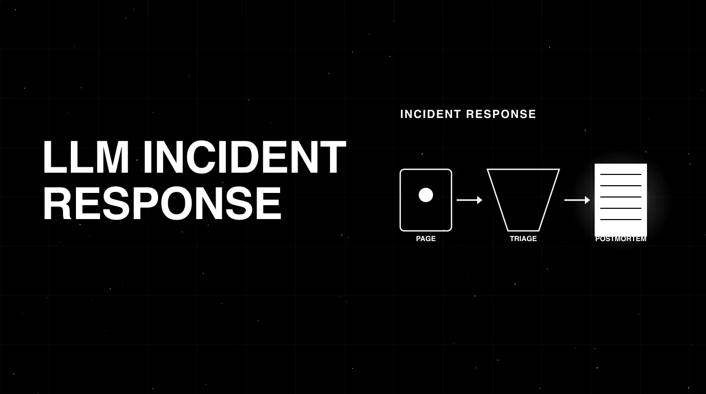 Editorial cover image on a pure black starfield background with faint white grid. Bold all-caps white headline LLM INCIDENT RESPONSE fills the left half. The right half shows a wireframe pager feeding a triage funnel that flows into a postmortem document, with a soft white halo glow on the postmortem document, drawn in pure white outlines.