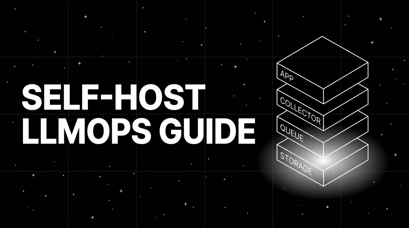 Editorial cover image on a pure black starfield background with faint white grid. Bold all-caps white headline SELF-HOST LLMOPS GUIDE fills the left half. The right half shows a wireframe vertical server-stack architecture diagram with four labeled racks APP, COLLECTOR, QUEUE, STORAGE. The bottom STORAGE rack has a soft white halo glow.