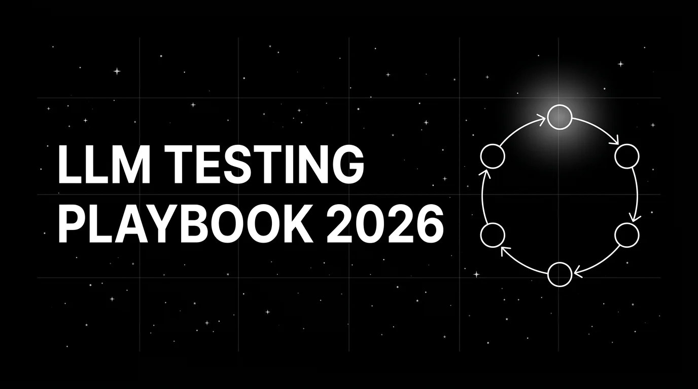 Editorial cover image on a pure black starfield background with faint white grid. Bold all-caps white headline LLM TESTING PLAYBOOK 2026 fills the left half. The right half shows a wireframe closed feedback loop of six small circular nodes connected by curved arrows in clockwise rotation, drawn in pure white outlines with a soft white halo behind the top node.