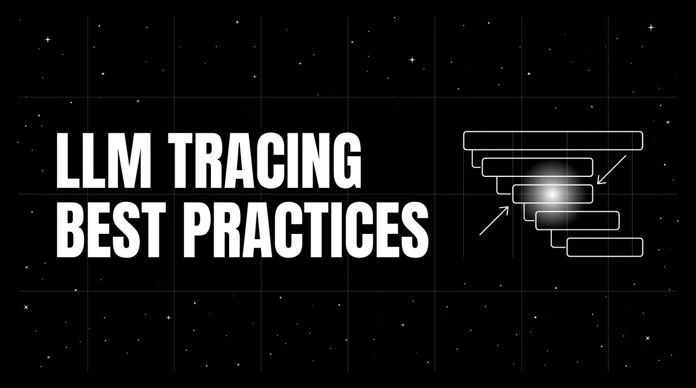 Editorial cover image on a pure black starfield background with faint white grid. Bold all-caps white headline LLM TRACING BEST PRACTICES fills the left half. The right half shows a wireframe horizontal trace timeline with four nested span bars and two thin annotation arrows pointing to one specific span; that span has a soft white halo glow as the focal element.