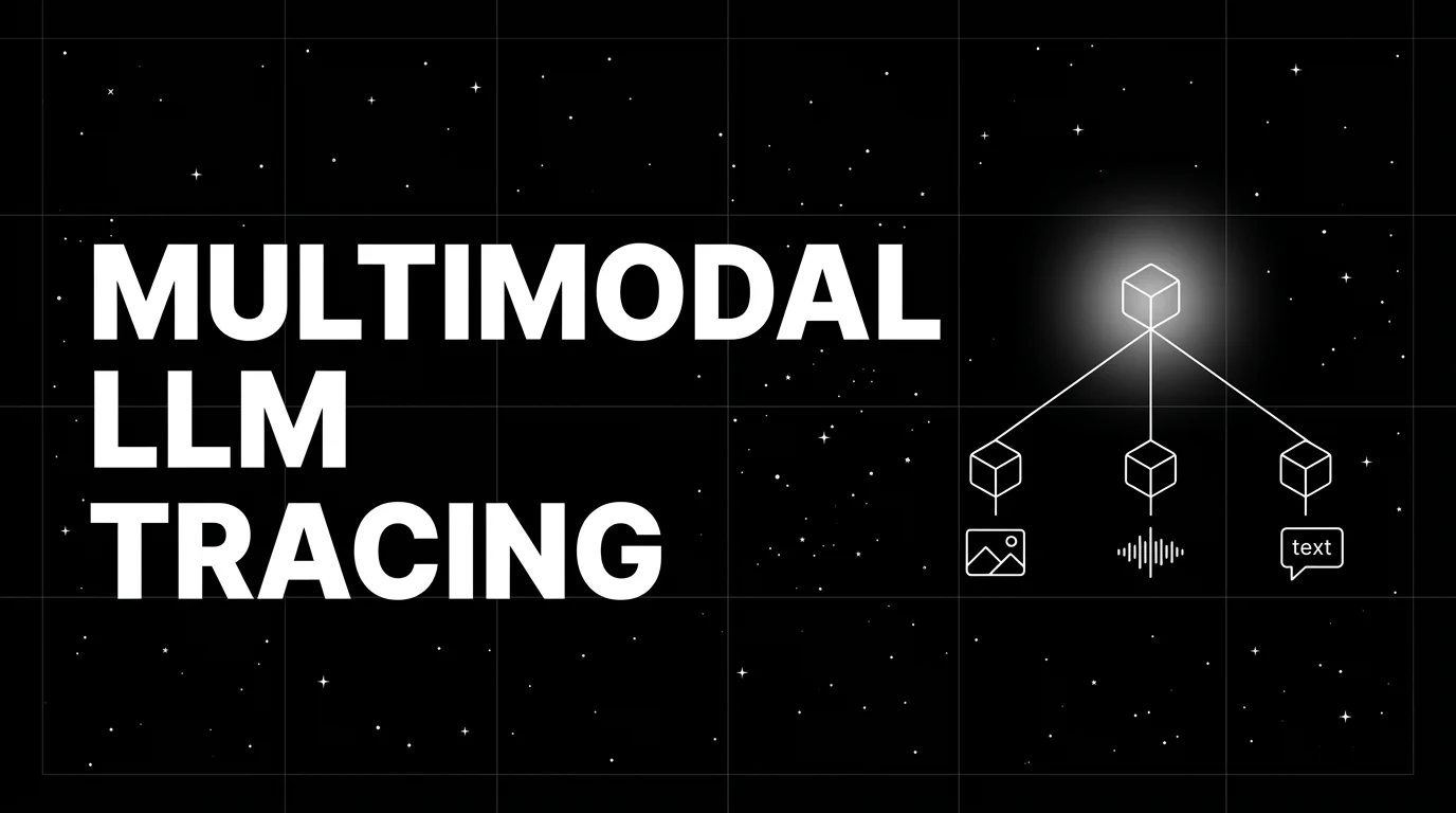 Editorial cover image on a pure black starfield background with faint white grid. Bold all-caps white headline MULTIMODAL LLM TRACING fills the left half. The right half shows a wireframe trace tree with one root node branching into three child nodes, each branch ending in a small icon (image rectangle, audio waveform, text bubble), with a soft white halo glow on the root node, drawn in pure white outlines.