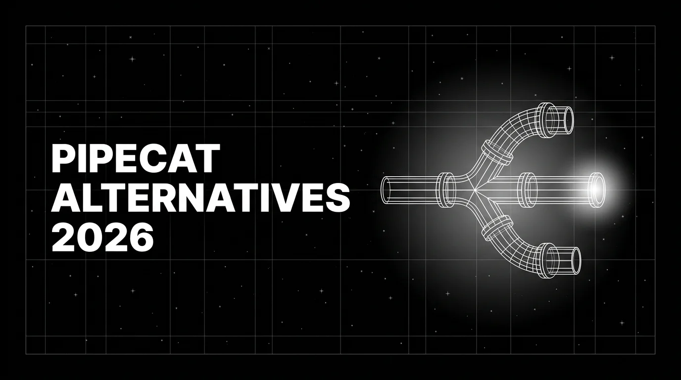 Editorial cover image on a pure black starfield background with faint white grid. Bold all-caps white headline PIPECAT ALTERNATIVES 2026 fills the left half. The right half shows a wireframe pipe network branching into alternative voice AI frameworks drawn in pure white outlines, with a soft white halo glow on the brightest branch.