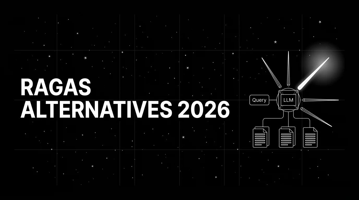 Editorial cover image on a pure black starfield background with faint white grid. Bold all-caps white headline RAGAS ALTERNATIVES 2026 fills the left half. The right half shows a wireframe RAG diagram with eval needles radiating from a central node, drawn in pure white outlines with a soft white halo behind the longest needle terminus.