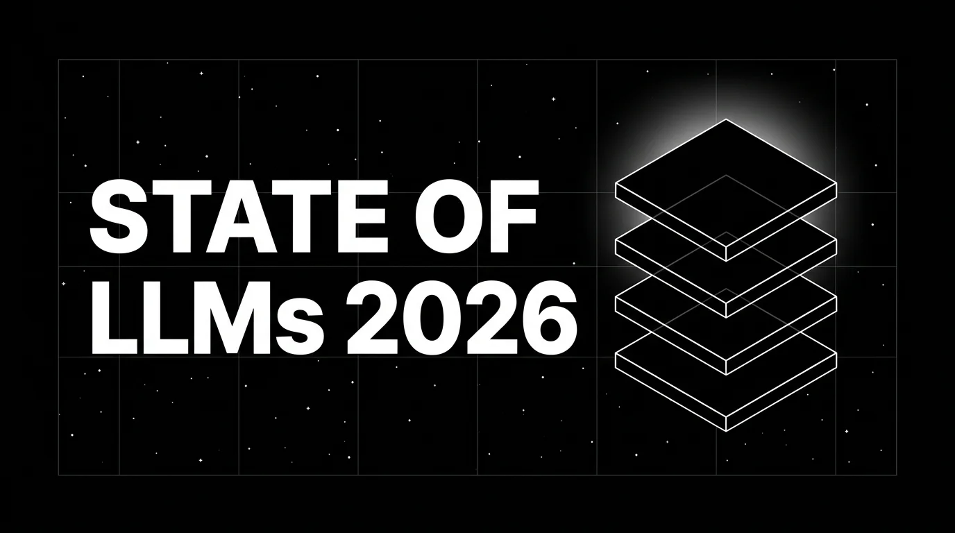Editorial cover image on a pure black starfield background with faint white grid. Bold all-caps white headline STATE OF LLMs 2026 fills the left half. The right half shows a wireframe isometric tower of four stacked translucent slabs (model layer, inference, agents, evals) drawn in pure white outlines with a soft white halo behind the top slab.