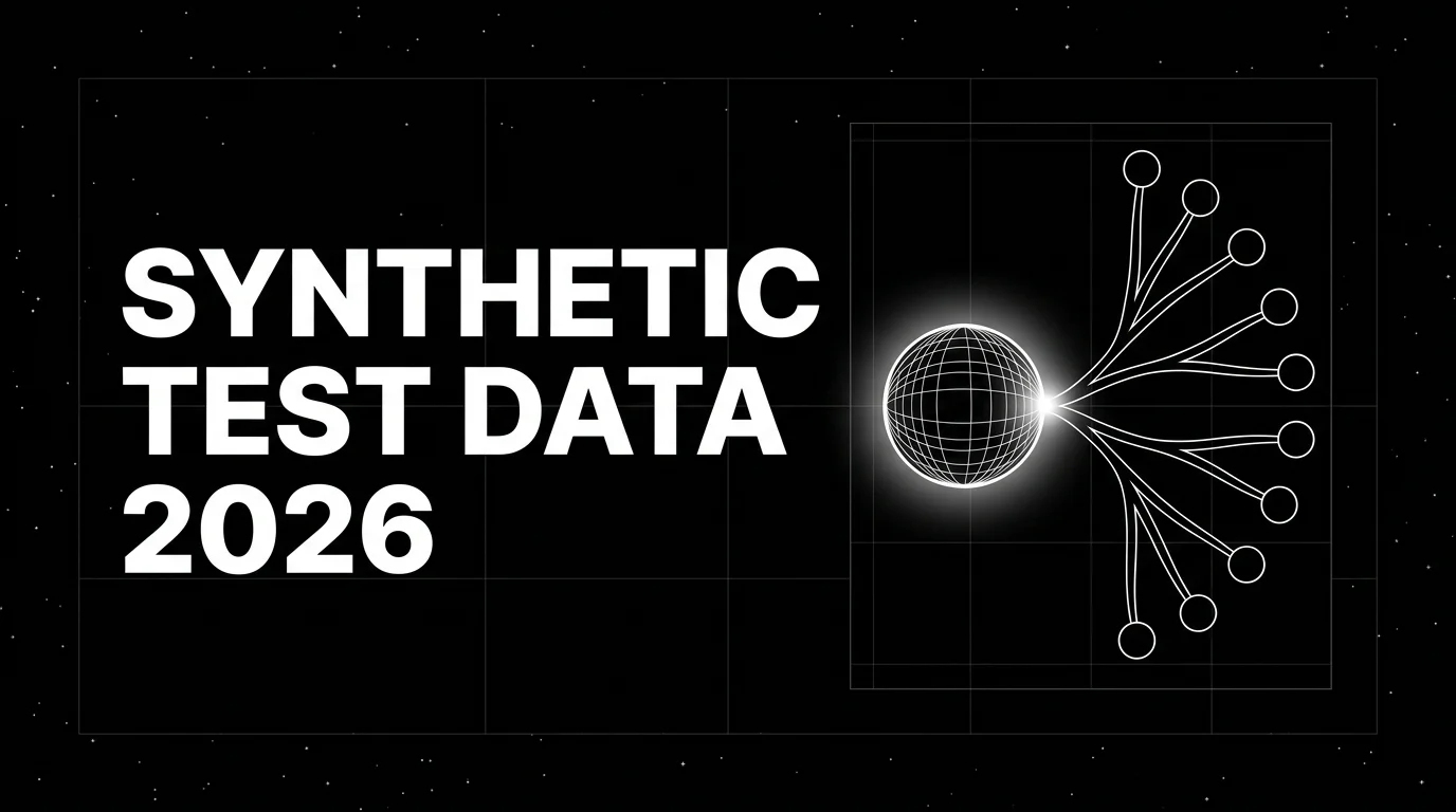 Editorial cover image on a pure black starfield background with faint white grid. Bold all-caps white headline SYNTHETIC TEST DATA 2026 fills the left half. The right half shows a wireframe sphere splitting into a tree of eight leaf nodes, with a soft white halo glow on the splitting point, drawn in pure white outlines.