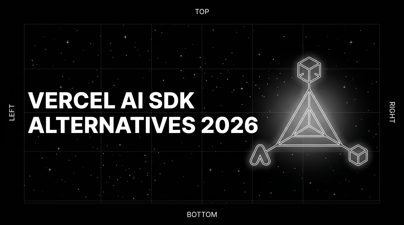 Editorial cover image on a pure black starfield background with faint white grid. Bold all-caps white headline VERCEL AI SDK ALTERNATIVES 2026 fills the left half. The right half shows a wireframe triangle with four alternative SDK platforms branching outward drawn in pure white outlines, with a soft white halo glow on the largest branch.