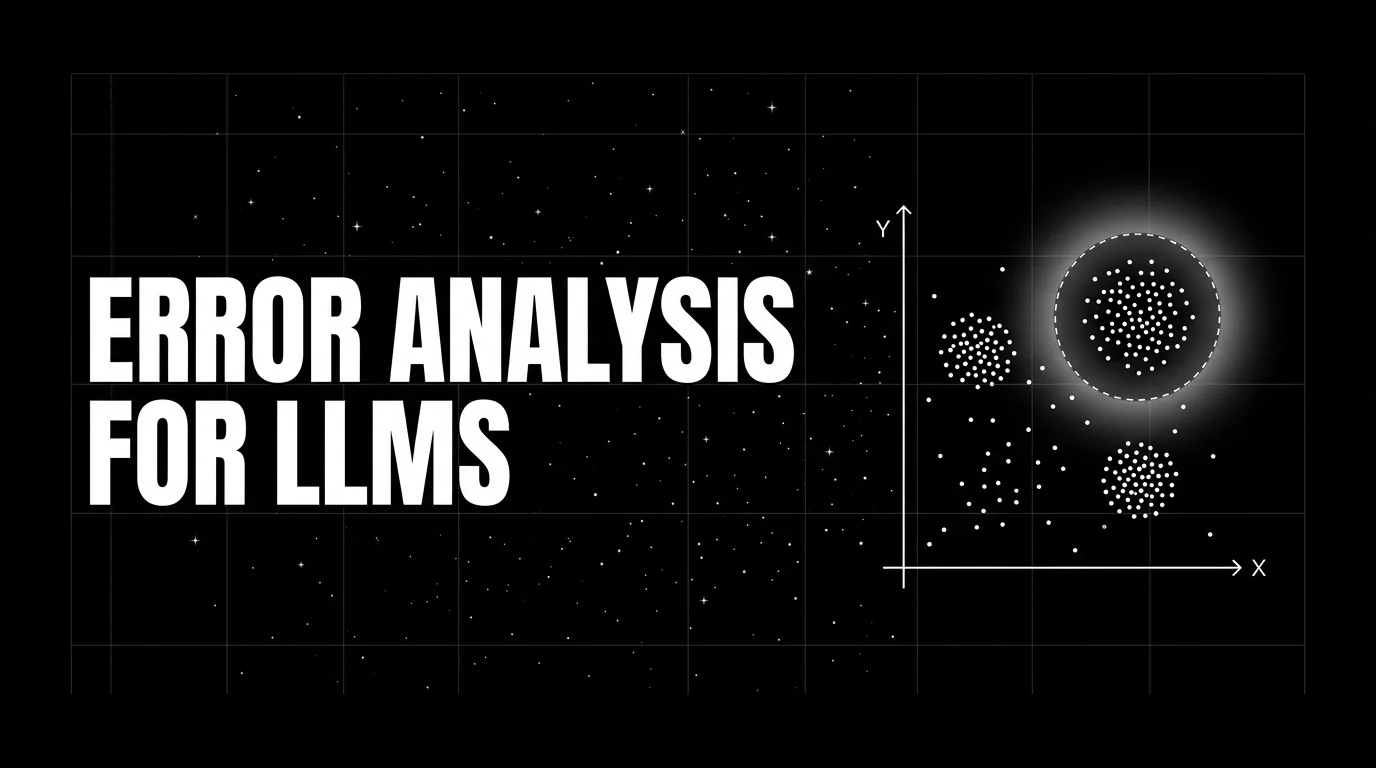 Editorial cover image on a pure black starfield background with faint white grid. Bold all-caps white headline ERROR ANALYSIS FOR LLMS fills the left half. The right half shows a wireframe 2D scatter plot with three distinct dot clusters circled, the largest cluster in the upper-right quadrant outlined with a dashed line and a soft white halo glow.