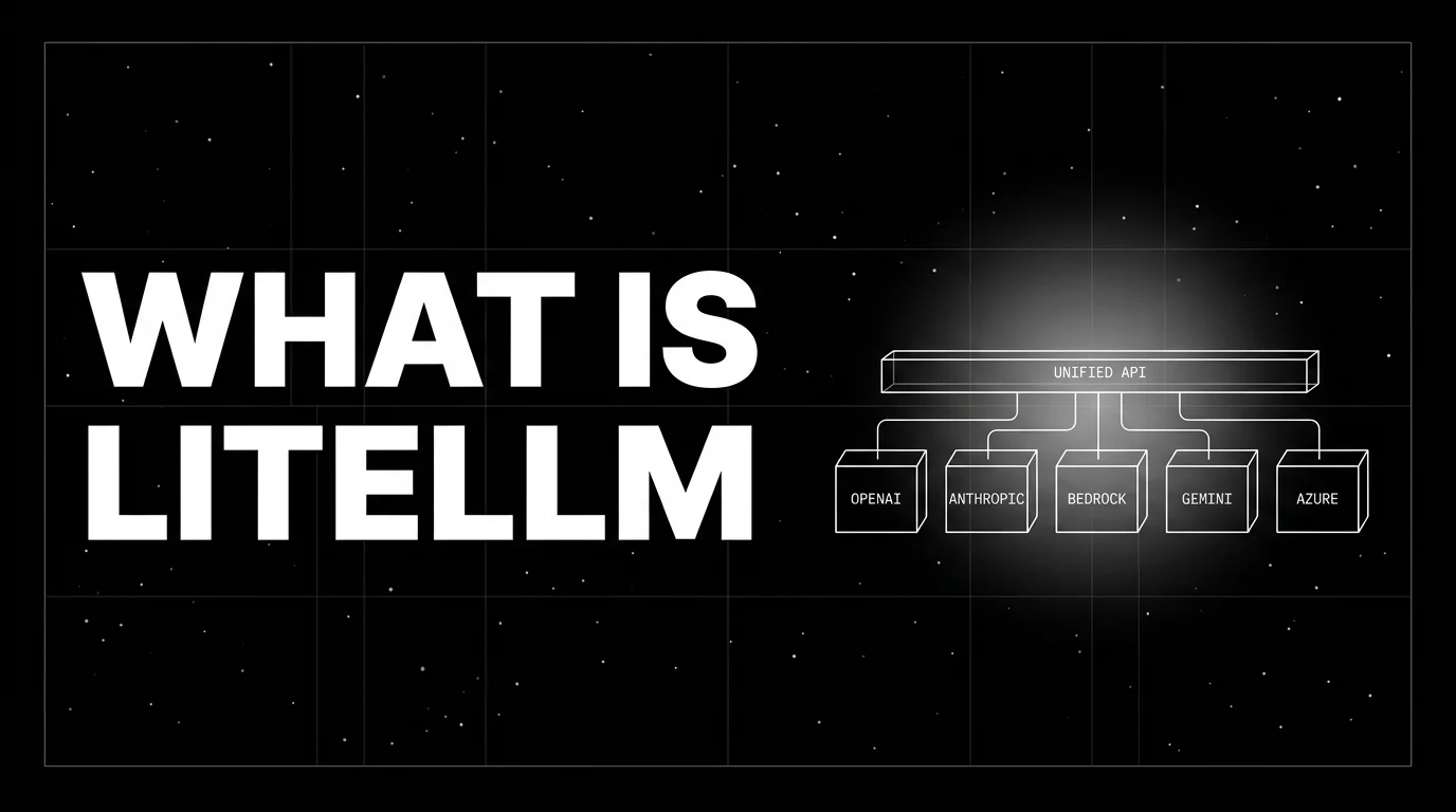 Editorial cover image on a pure black starfield background with faint white grid. Bold all-caps white headline WHAT IS LITELLM fills the left half. The right half shows a single horizontal API surface bar in pure white outline labeled UNIFIED API, with five outlined model-provider boxes connected to it via thin lines. The central API surface bar carries a soft white halo glow.