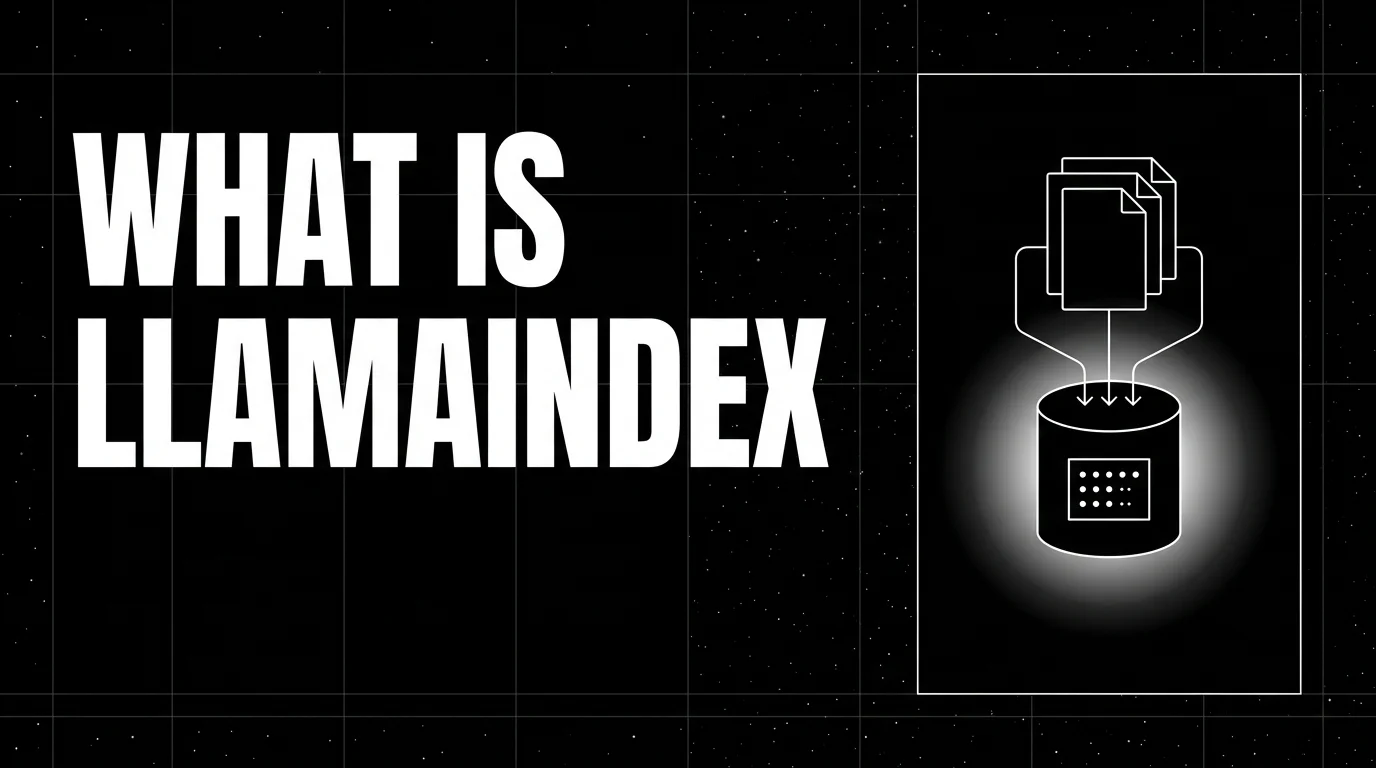 Editorial cover image on a pure black starfield background with faint white grid. Bold all-caps white headline WHAT IS LLAMAINDEX fills the left half. The right half shows three wireframe document pages funneling into a vector store cylinder with a soft white halo, drawn in pure white outlines.