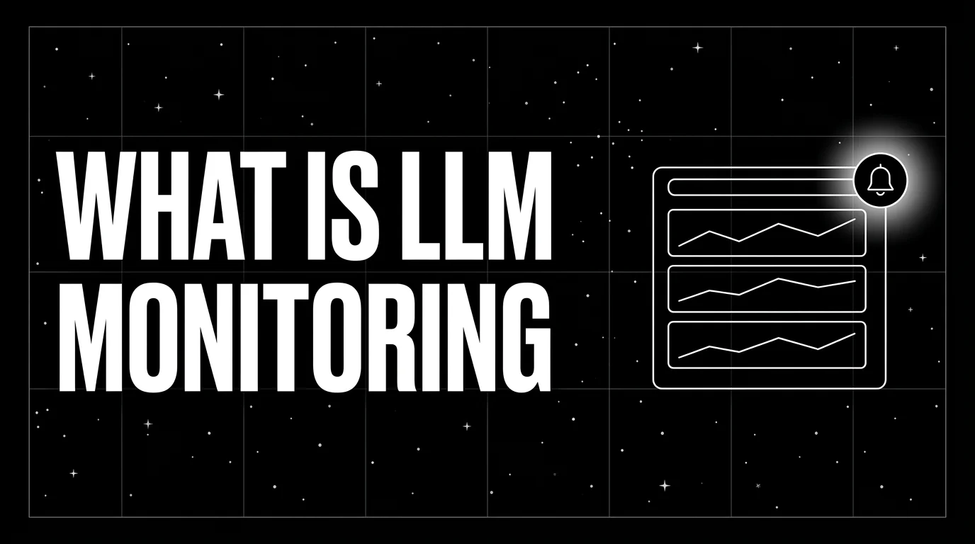 Editorial cover image on a pure black starfield background with faint white grid. Bold all-caps white headline WHAT IS LLM MONITORING fills the left half. The right half shows a wireframe dashboard frame with three sparkline charts and a bell-icon alert badge in the upper right, drawn in pure white outlines with a soft white halo behind the alert.