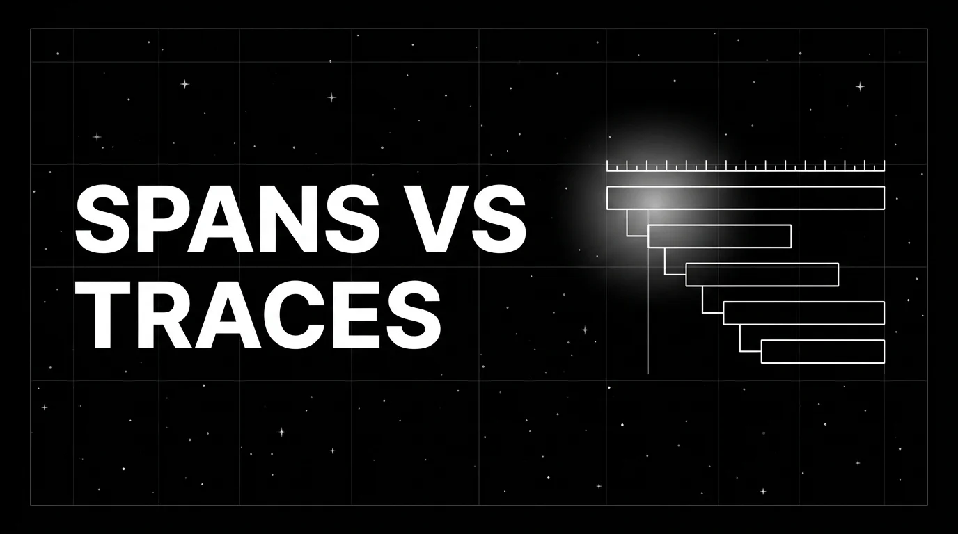 Editorial cover image on a pure black starfield background with faint white grid. Bold all-caps white headline SPANS VS TRACES fills the left half. The right half shows a wireframe nested span tree with horizontal indented bars at four levels of nesting and a horizontal timeline ruler, drawn in pure white outlines with a soft white halo behind the root span.