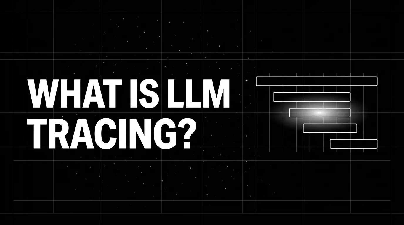 Editorial cover image on a pure black starfield background with faint white grid. Bold all-caps white headline WHAT IS LLM TRACING? fills the left half. The right half shows a wireframe horizontal trace timeline with five nested spans, drawn in pure white outlines with a soft white halo behind the deepest nested span.