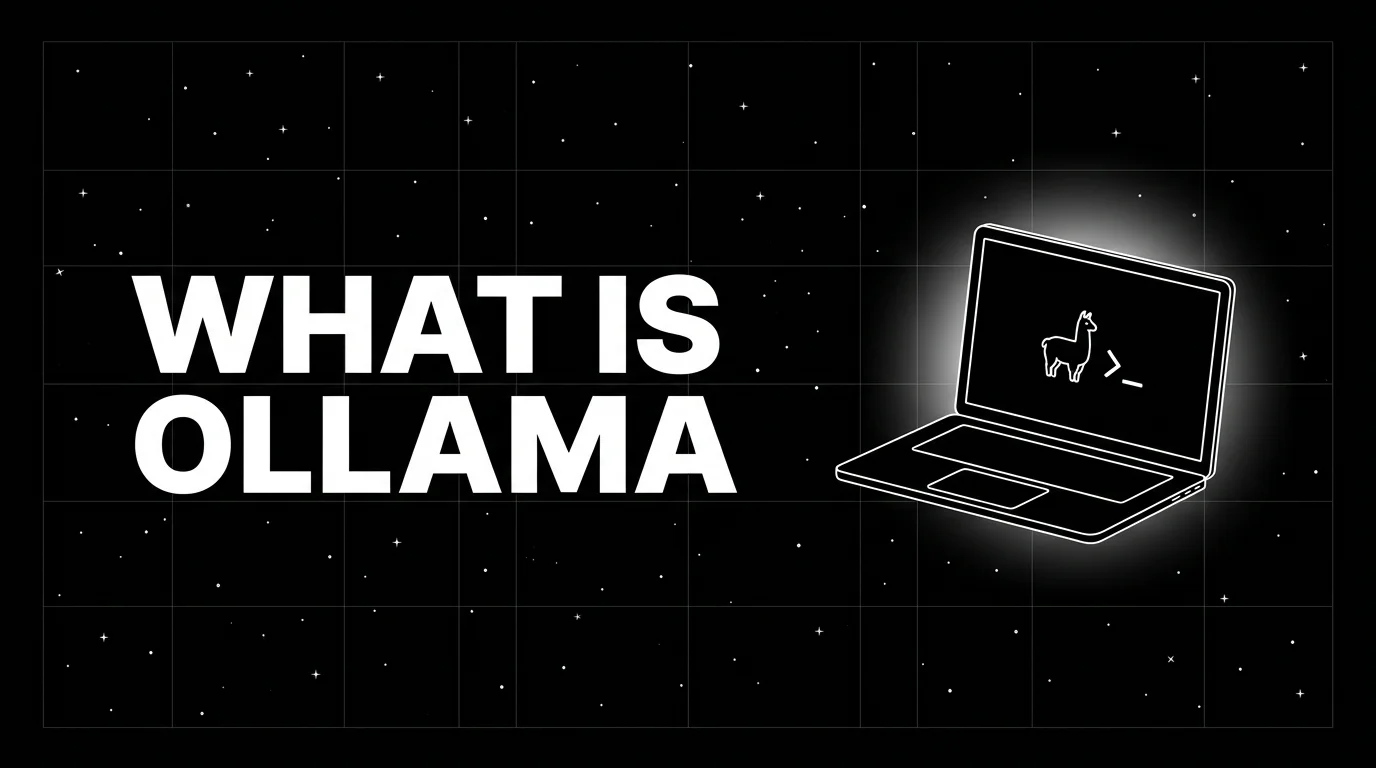 Editorial cover image on a pure black starfield background with faint white grid. Bold all-caps white headline WHAT IS OLLAMA fills the left half. The right half shows an outlined laptop in side-quarter view with a small llama silhouette on the laptop screen and a terminal prompt cursor next to it. The laptop screen carries a soft white halo glow.