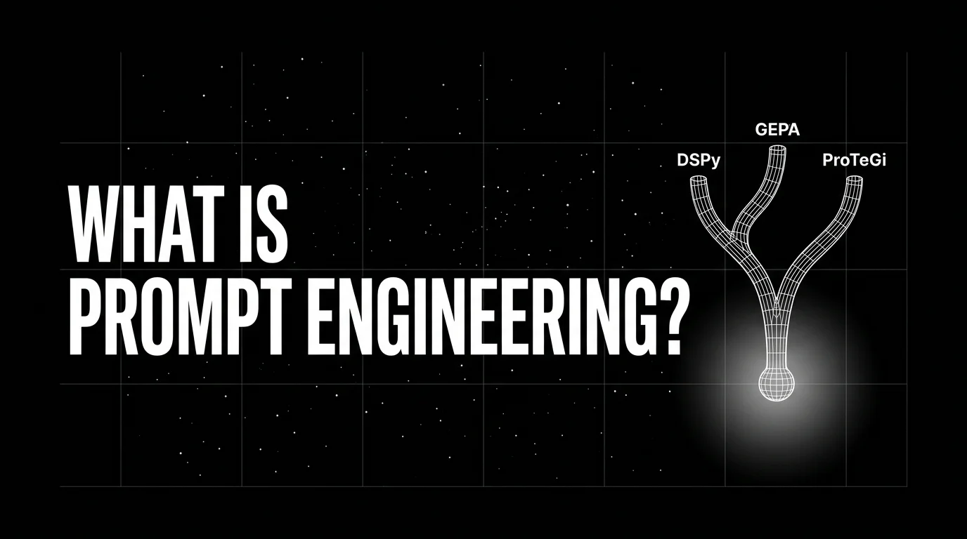 Editorial cover image on a pure black starfield background with faint white grid. Bold all-caps white headline WHAT IS PROMPT ENGINEERING? fills the left half. The right half shows a single wireframe tree branching from one glowing root node into three thin pathways labeled DSPy, GEPA, and ProTeGi, drawn in pure white outlines with a soft white halo around the root.