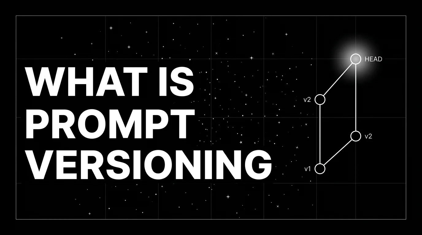 Editorial cover image on a pure black starfield background with faint white grid. Bold all-caps white headline WHAT IS PROMPT VERSIONING fills the left half. The right half shows a wireframe git graph of prompt versions with three branching commit nodes connected by vertical and diagonal lines, with the HEAD commit marked at the top by a small circle node and a soft white halo glow.