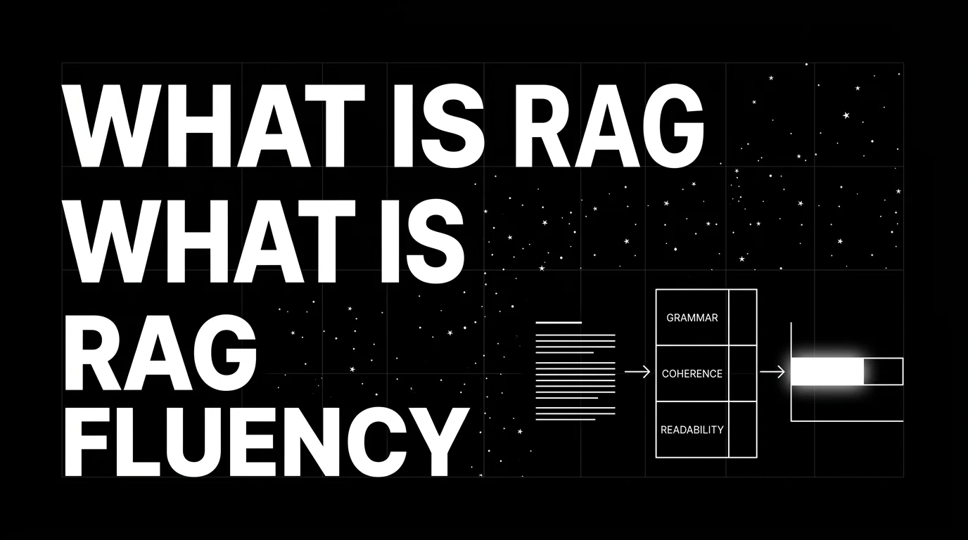 Editorial cover image on a pure black starfield background with faint white grid. Bold all-caps white headline WHAT IS RAG FLUENCY fills the left half. The right half shows a wireframe horizontal layout: a paragraph of text on the left flowing through a vertical rubric grid with three rows labeled GRAMMAR COHERENCE READABILITY into a horizontal bar chart on the right showing a fluency score, with a soft white halo glow on the score bar, drawn in pure white outlines.