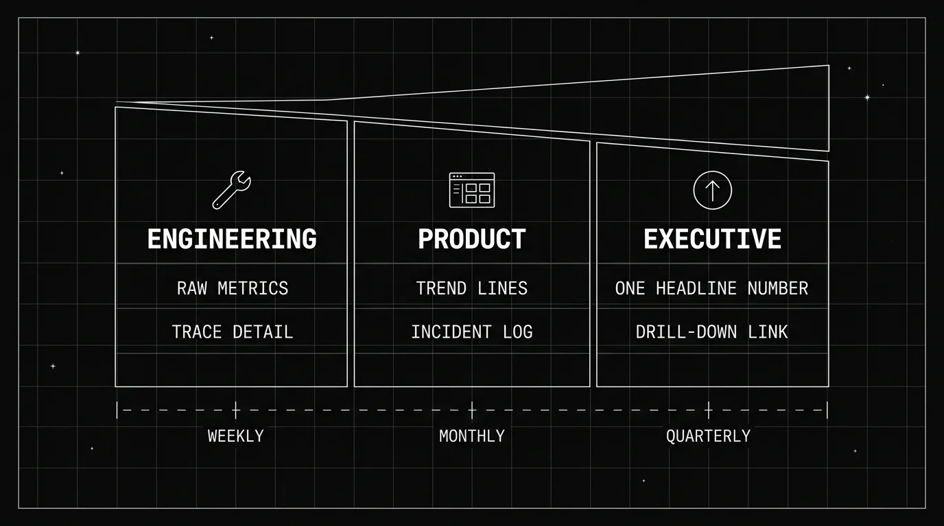Reporting cadence funnel: weekly engineering detail with raw metrics and trace detail, narrowing to monthly product trend lines and an incident log, narrowing again to a single quarterly executive headline number with a drill-down link