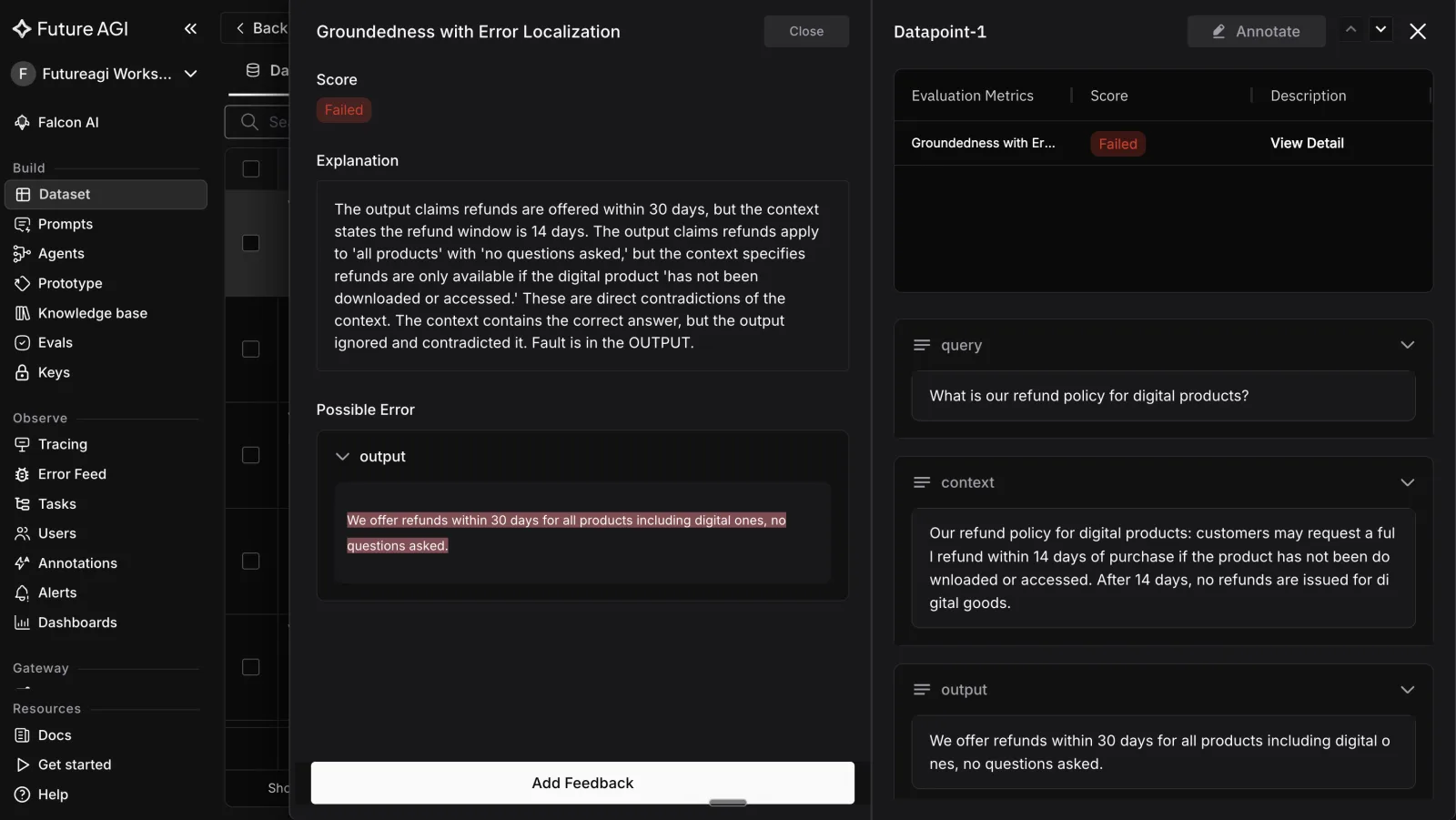 A FutureAGI groundedness result with error localization, highlighting the exact sentence in the answer that contradicts the source and explaining why it failed