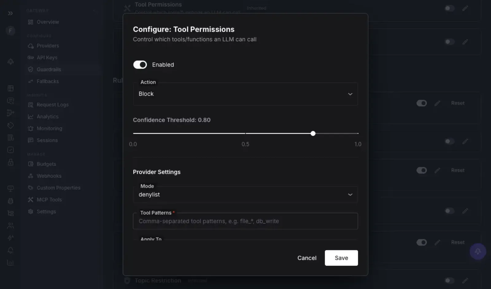 A tool-permissions configuration in the FutureAGI gateway controlling which tools a legal AI agent may call, with a block action, confidence threshold, and allowlist or denylist mode