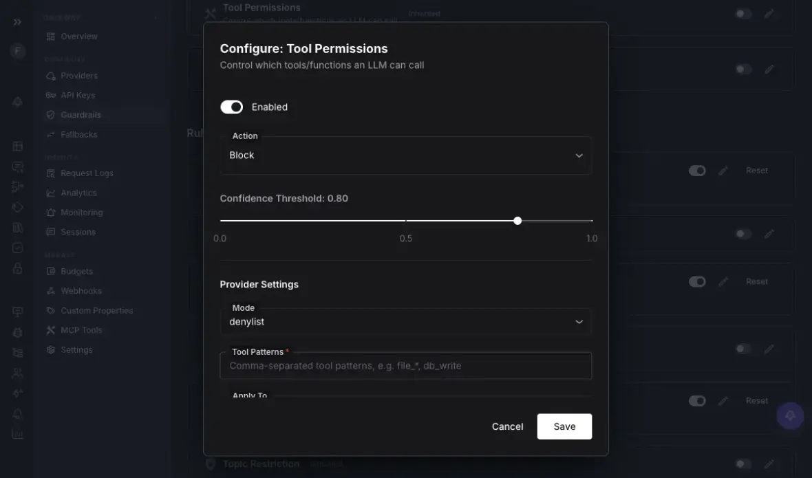 A prompt injection defense tool constraining an AI agent's tool permissions with an allow and deny list at the gateway
