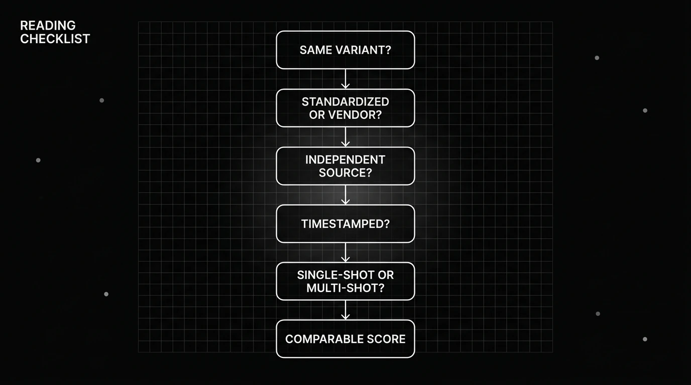 Vertical checklist flow with five leaderboard-reading questions leading to a comparable-score node, drawn in white on black.