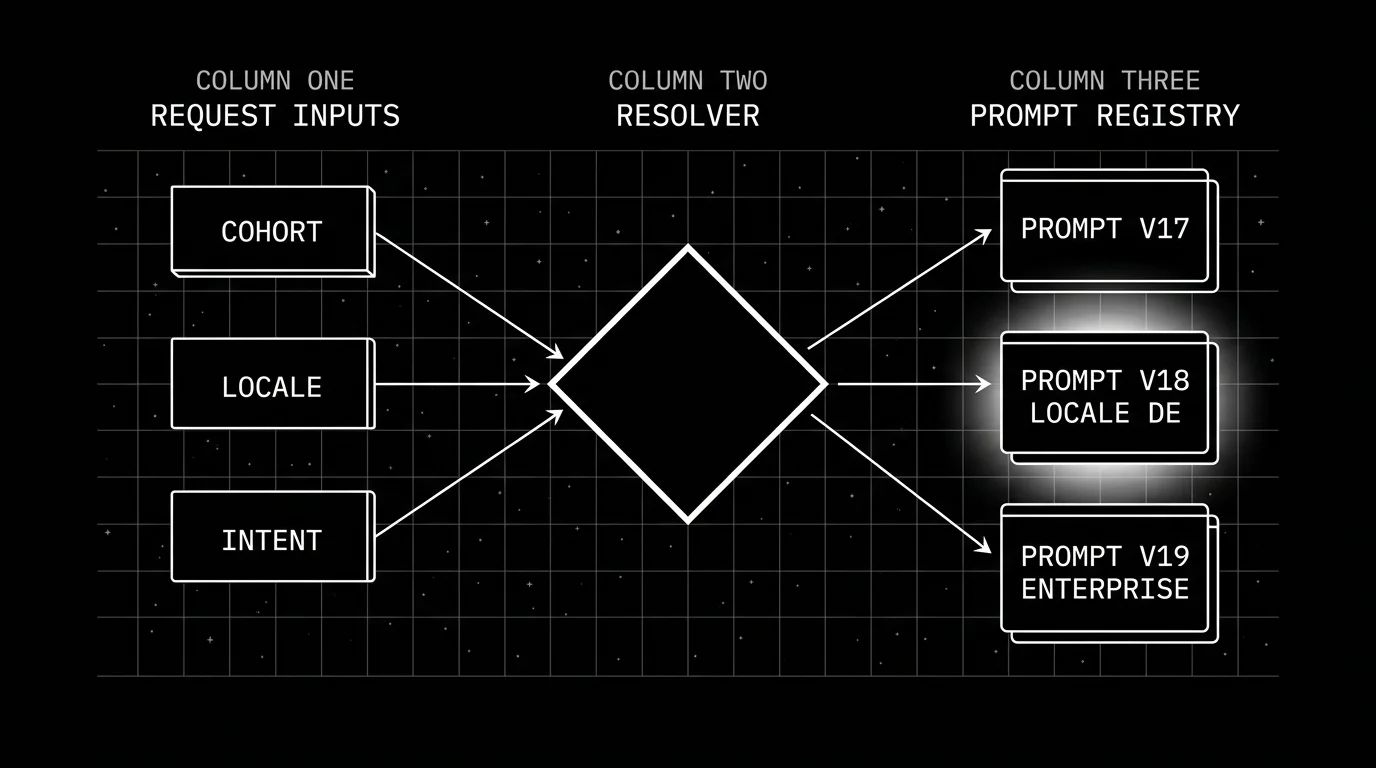 Editorial figure on a black background showing a horizontal flow with three columns. Column one labeled REQUEST INPUTS shows three small wireframe cards labeled COHORT, LOCALE, INTENT. Column two labeled RESOLVER is one large diamond-shaped wireframe node with a thick outline. Column three labeled PROMPT REGISTRY shows three stacked prompt cards labeled PROMPT V17, PROMPT V18 LOCALE DE, PROMPT V19 ENTERPRISE. Thin arrows connect column one to the resolver, and three arrows fan out from the resolver to each prompt card. The middle prompt card V18 LOCALE DE has a soft white radial halo glow.