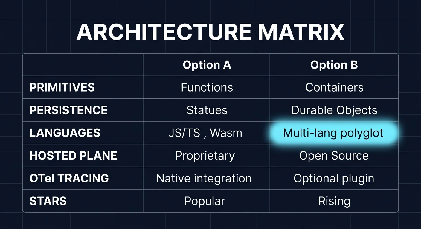 Three-column comparison of CrewAI, LangGraph, and AutoGen across architecture, primitives, debug, eval, persistence, multi-language, and production readiness; the central column shows a tie-breaker note flagging AutoGen's maintenance-mode status with a focal cyan glow.