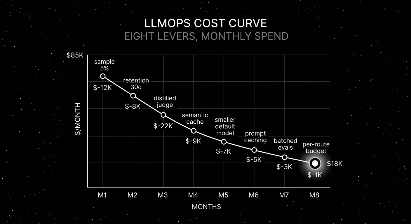 Editorial diagram on a black starfield background titled LLMOPS COST CURVE with subhead EIGHT LEVERS, MONTHLY SPEND. A 2D line chart drawn in thin white outlines with horizontal axis labeled MONTHS (M1 to M8) and vertical axis labeled $/MONTH. A descending cost curve sloping down from upper-left ($85K) to lower-right ($18K) with eight data points along the curve, each labeled with a tiny step name (sample 5%, retention 30d, distilled judge, semantic cache, smaller default model, prompt caching, batched evals, per-route budget). Below each data point a tiny dollar saved figure. The lowest point on the curve at the bottom-right has a thicker dot, a thicker outline, and a soft white radial halo glow as the focal element. Pure white outlines on pure black with faint grid background.