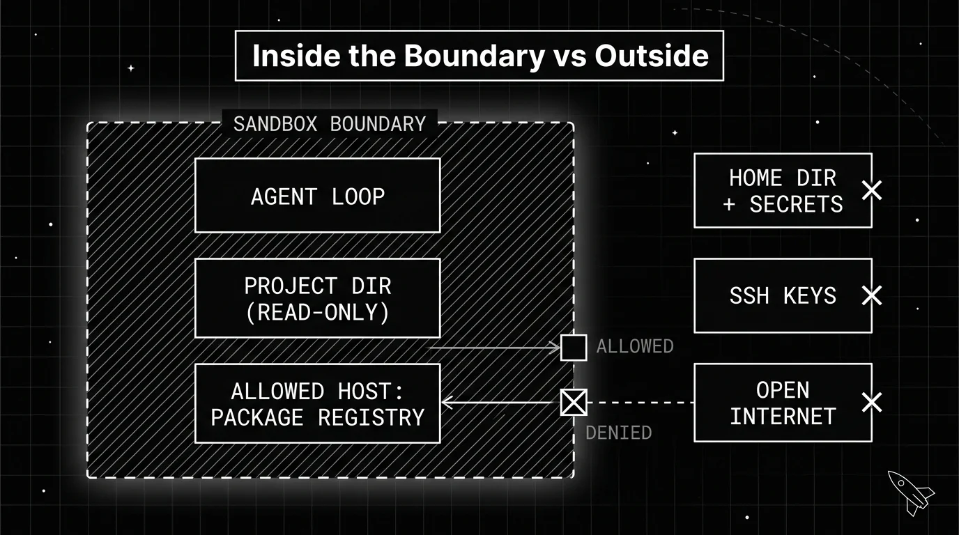 Blueprint diagram of a sandbox boundary for designing agentic loops, showing what sits inside the boundary, the loop and its exec tools with a scoped project directory, versus what stays outside, the host filesystem and blocked network hosts, with allowed and denied egress ports marked on the wall