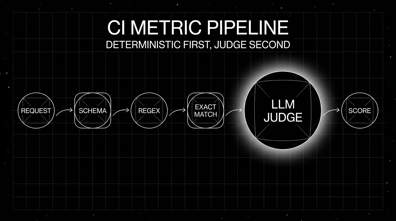 Editorial diagram on a black starfield background titled CI METRIC PIPELINE with subhead DETERMINISTIC FIRST, JUDGE SECOND. Six wireframe nodes in a horizontal flow: REQUEST -> SCHEMA -> REGEX -> EXACT MATCH -> LLM JUDGE -> SCORE. The first three nodes are smaller and connected by short arrows, the LLM JUDGE node is larger with a focal white halo. Pure white outlines.