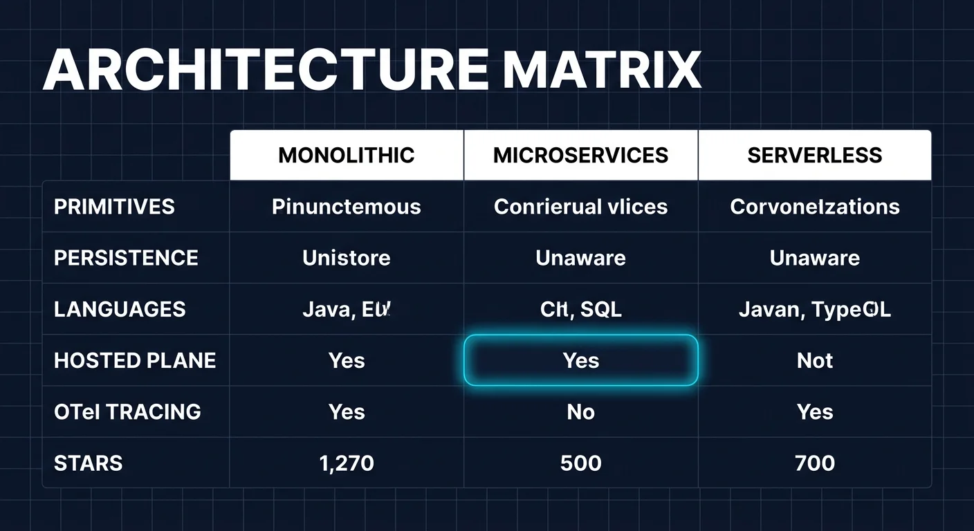 Side-by-side architecture matrix for Dify, Flowise, and Langflow across nine dimensions including primitive metaphor, RAG, agent, observability, MCP support, self-host, hosted plane, license, and stars; Dify's MCP-native row carries a focal cyan halo as the differentiator most relevant to 2026 agent stacks.