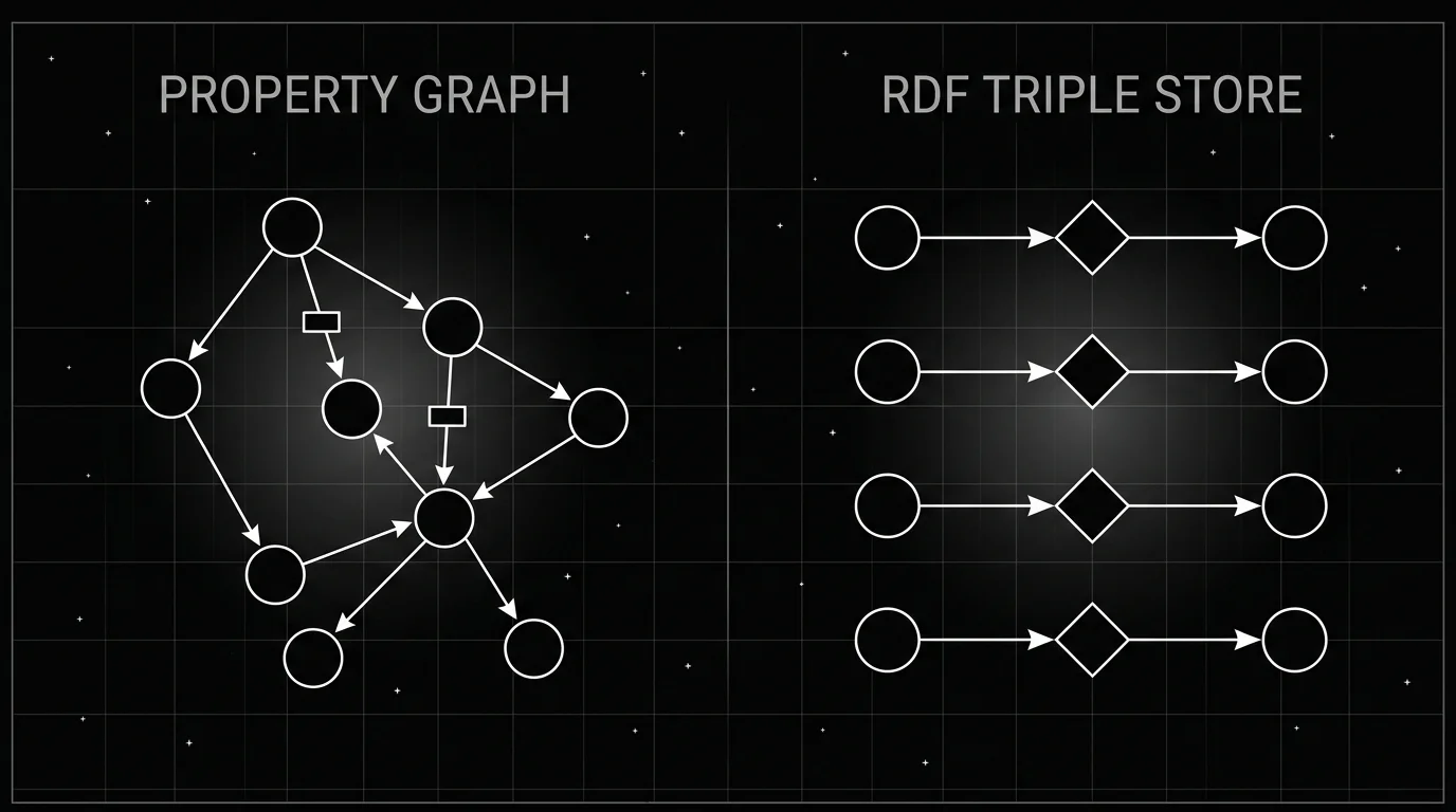 Property graph model versus RDF triple store, comparing an irregular labeled node network against a rigid subject-predicate-object grid