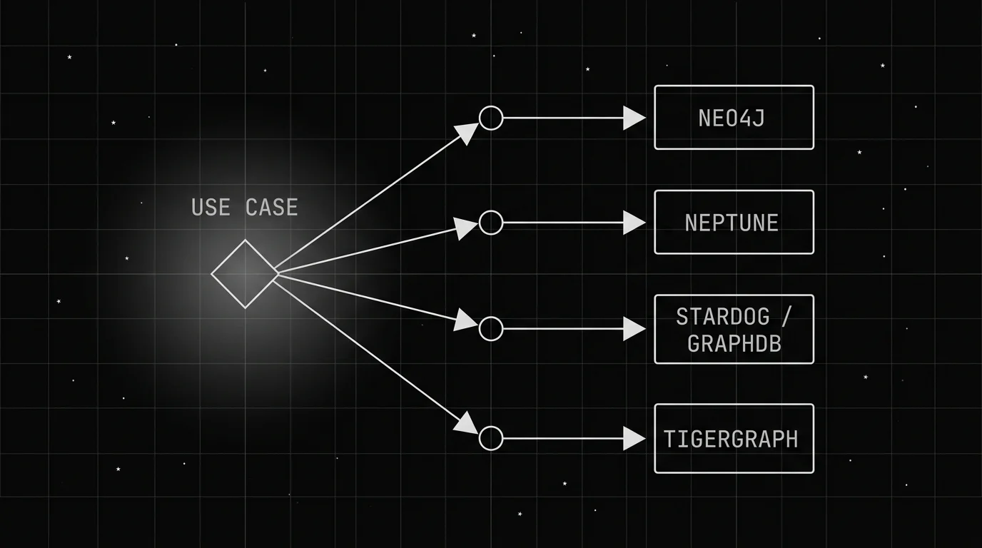 Decision-tree diagram routing a use case node to Neo4j, Amazon Neptune, Stardog or GraphDB, and TigerGraph