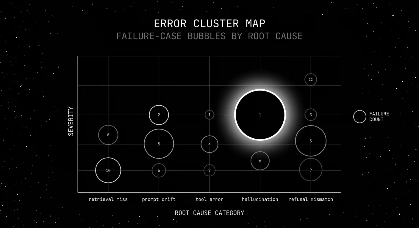 Editorial diagram on a black starfield background titled ERROR CLUSTER MAP with subhead FAILURE-CASE BUBBLES BY ROOT CAUSE. A 2D scatter plot bubble chart drawn in thin white outlines with horizontal axis labeled ROOT CAUSE CATEGORY (retrieval miss, prompt drift, tool error, hallucination, refusal mismatch) and vertical axis labeled SEVERITY. Twelve circular bubbles of varying sizes scattered across the grid, each labeled with a tiny number. The largest bubble in the center-right area labeled RETRIEVAL MISS has a thicker outline and a soft white radial halo glow as the focal element. A small legend on the right labels bubble size as FAILURE COUNT. Pure white outlines on pure black with faint grid background.