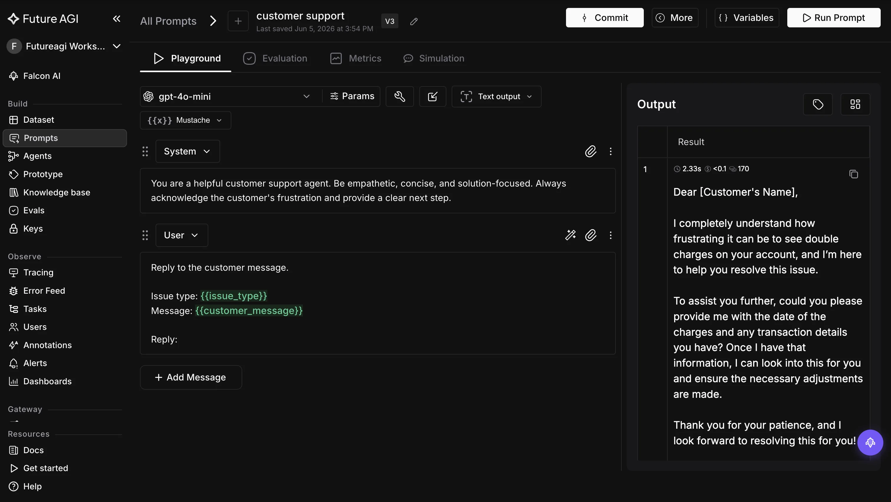 A FutureAGI prompt workbench playground running a customer-support prompt on gpt-4o-mini, showing templated variables on the left and the generated output on the right.