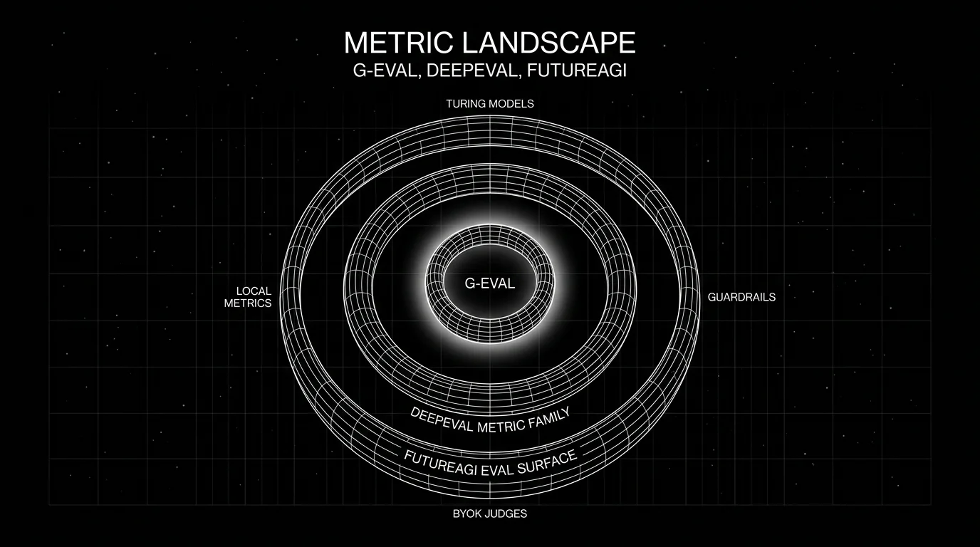 Editorial diagram on a black starfield background titled METRIC LANDSCAPE with subhead G-EVAL, DEEPEVAL, FUTUREAGI. Three concentric wireframe rings labeled (innermost to outermost): G-EVAL, DEEPEVAL METRIC FAMILY, FUTUREAGI EVAL SURFACE. Small labels around the outer ring: TURING MODELS, LOCAL METRICS, BYOK JUDGES. Soft white halo behind the inner G-EVAL ring. Pure white outlines.