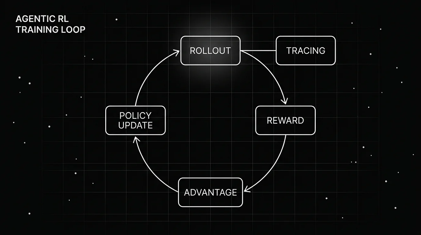 Monochrome blueprint of the agentic rl training loop as a cycle: rollout produces a trajectory, reward scores it, advantage estimation converts it to a signal, policy update applies it, and a tracing tap captures every rollout step.