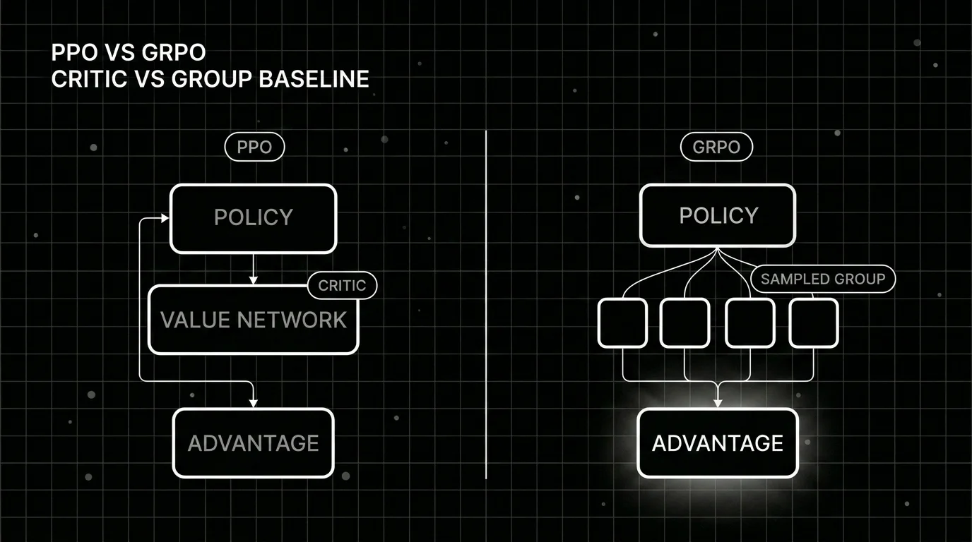 Blueprint diagram contrasting the PPO actor-critic loop against the critic-free GRPO loop that samples a group of completions per prompt.