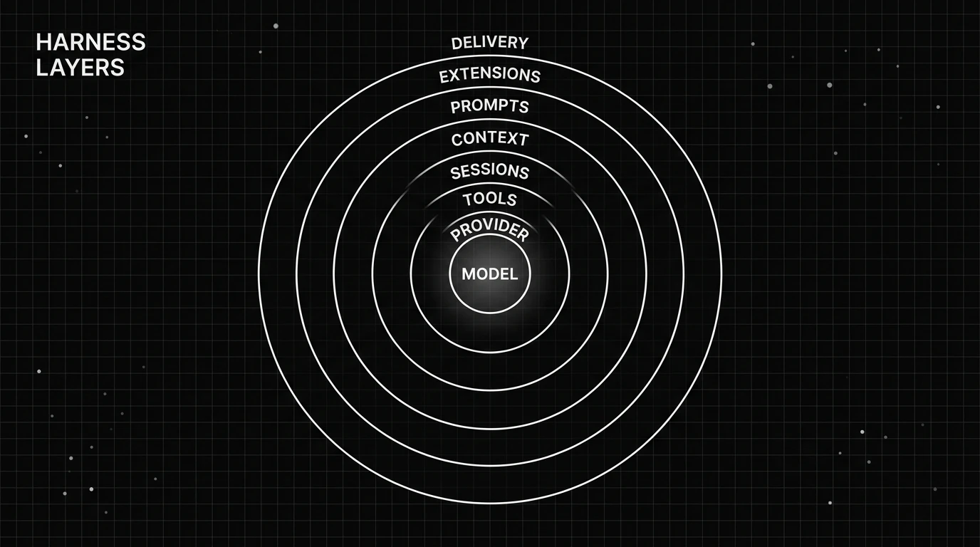 Seven concentric rings around a model core, from provider at the center out to delivery at the edge.