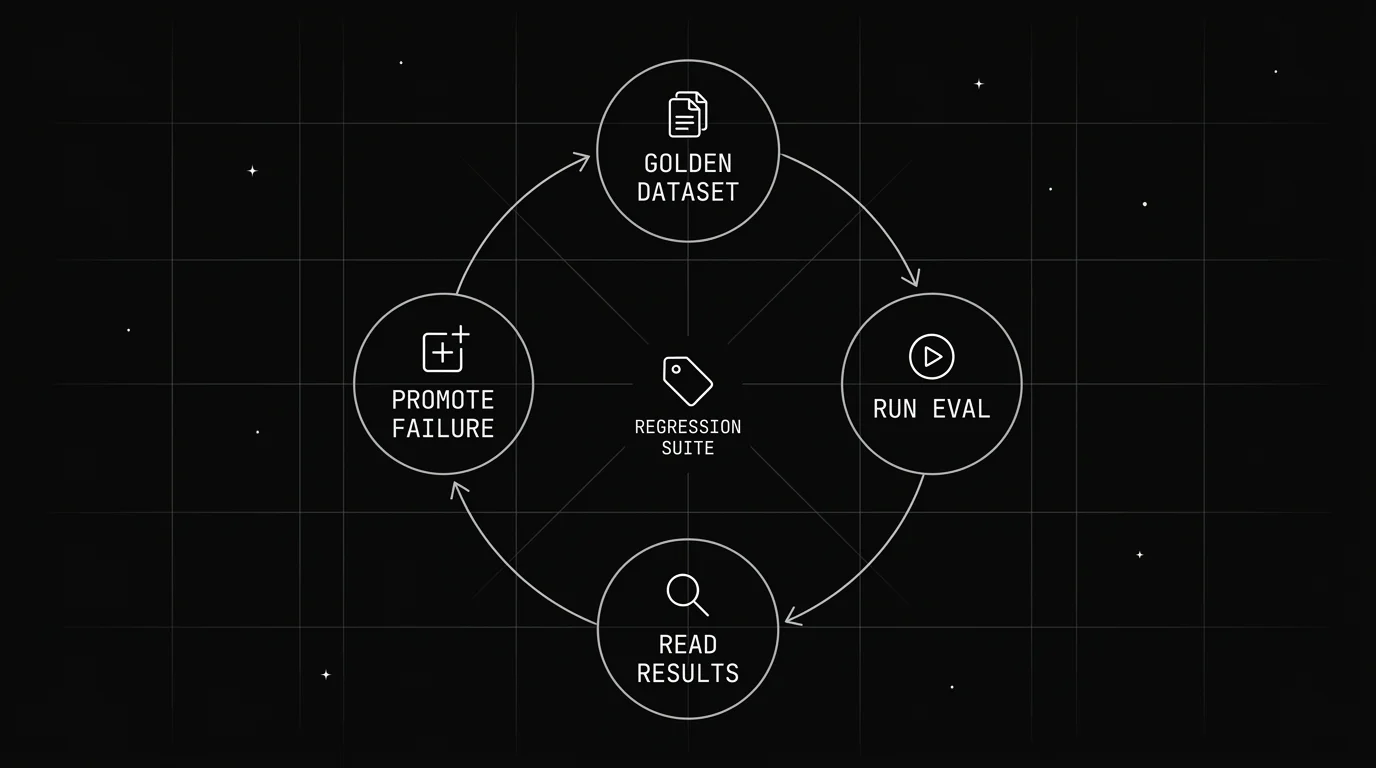 Golden dataset regression loop with four stages - golden dataset, run eval, read results, promote failure - cycling back into the dataset to form a regression suite