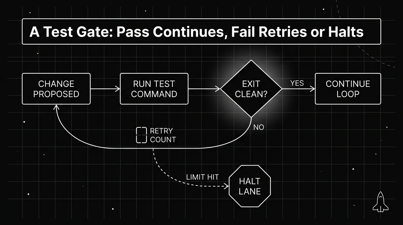 Blueprint flow diagram of a test gate: a proposed change enters, a test command runs against it, a pass continues the loop, and a fail either retries with the failure as context or halts the lane