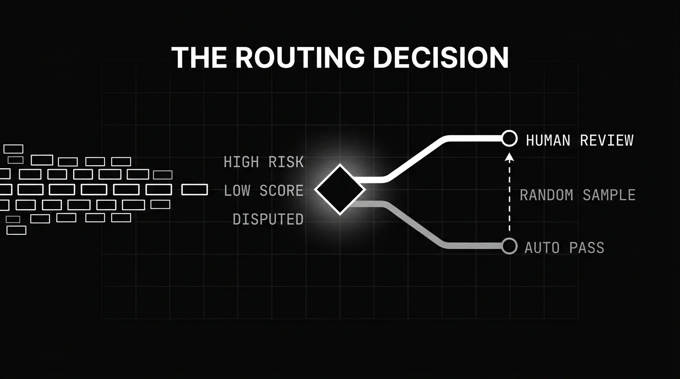 Human in the loop AI routing sorter that sends high risk, low score, and disputed model outputs to human review while the rest auto passes, with a separate random sample tapped for an unbiased quality check