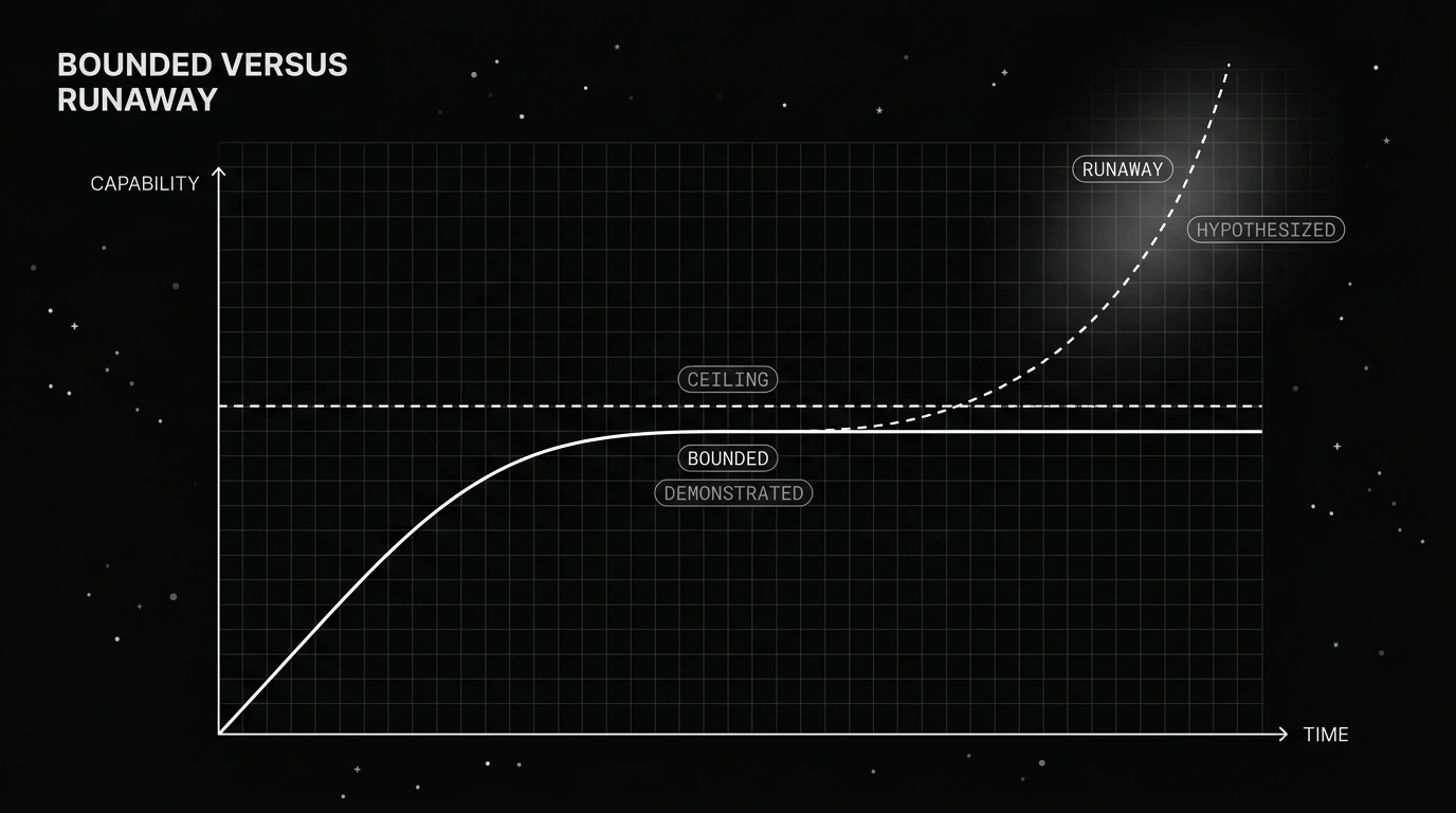 Two line charts contrasting a bounded curve that levels off below a ceiling against a hypothesized runaway curve that keeps accelerating.
