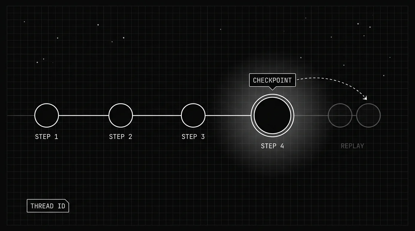 State-graph checkpoint and thread ID diagram showing time travel replay from a saved LangGraph checkpoint back through prior nodes