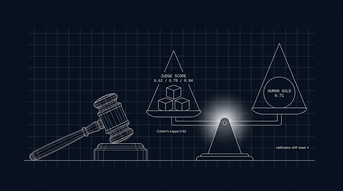 Editorial figure on a black background showing a wireframe gavel resting on a small block on the left, beside a two-pan balance scale with a center pivot. The left pan holds three small wireframe cubes labeled JUDGE SCORE 0.62 / 0.78 / 0.84; the right pan holds one larger circle labeled HUMAN GOLD 0.71. The pans are slightly off-balance to illustrate the calibration delta. The pivot point of the balance has a soft white halo glow. Tiny labels: Cohen's kappa 0.62, calibration drift week 4.
